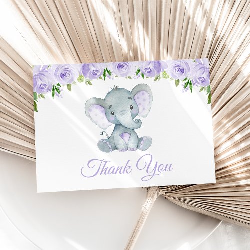 Elephant Purple Watercolor Flowers Baby Shower Thank You Card