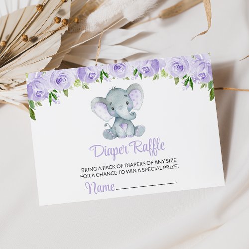 Elephant Purple Watercolor Flowers Diaper Raffle Enclosure Card