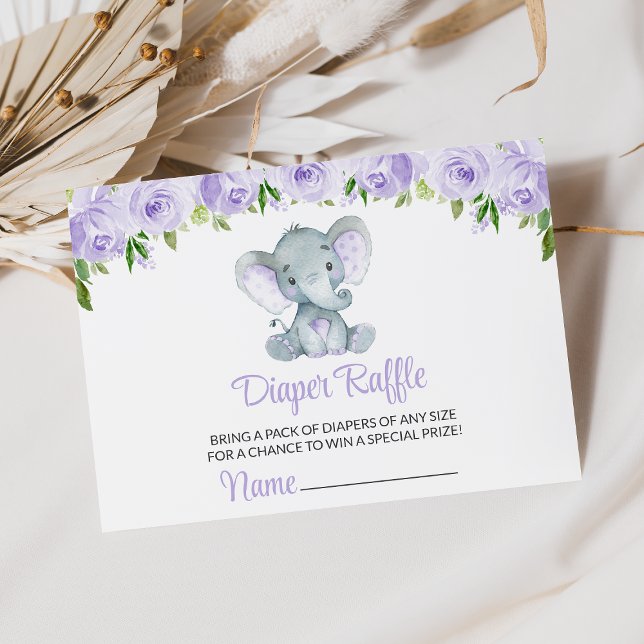 Elephant, Purple Watercolor Flowers, Diaper Raffle Enclosure Card (Creator Uploaded)