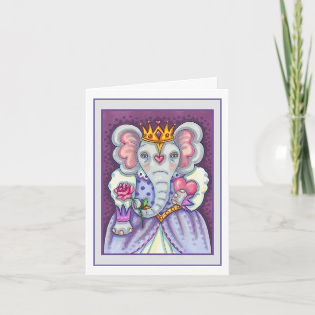 ELEPHANT QUEEN OF HEARTS AND ROSES ROYAL VALENTINE HOLIDAY CARD (Front)