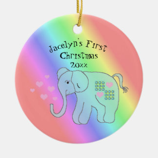 Elephant Rainbow Colors Baby's First Christmas Ceramic Ornament