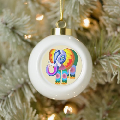 Elephant Rainbow Colors Patchwork Ceramic Ball Christmas Ornament