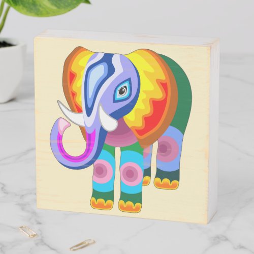 Elephant Rainbow Colors Patchwork Wooden Box Sign