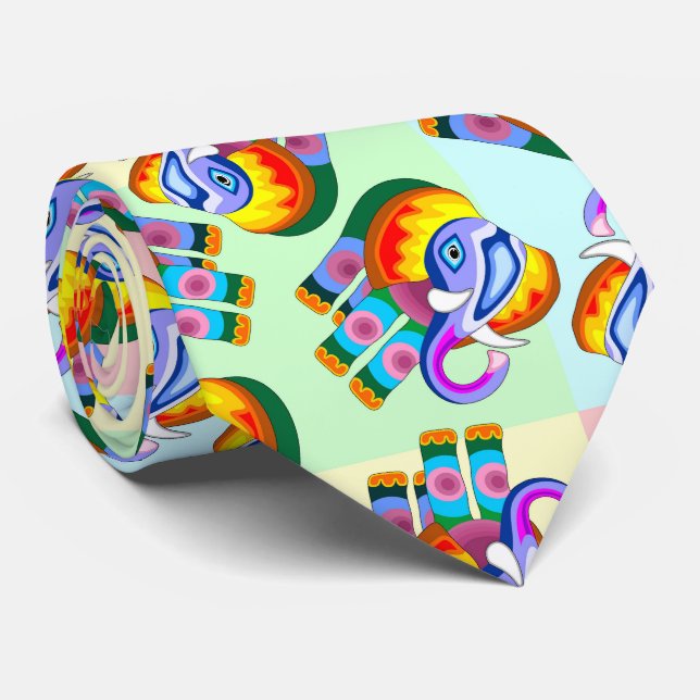 Elephant Rainbow Colours Patchwork Neck Tie (Rolled)