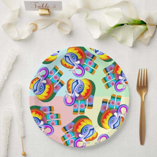 Elephant Rainbow Colours Patchwork Paper Plates (Wedding)