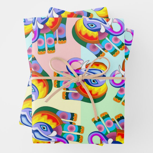 Elephant Rainbow Colours Patchwork Wrapping Paper Sheets (In situ)