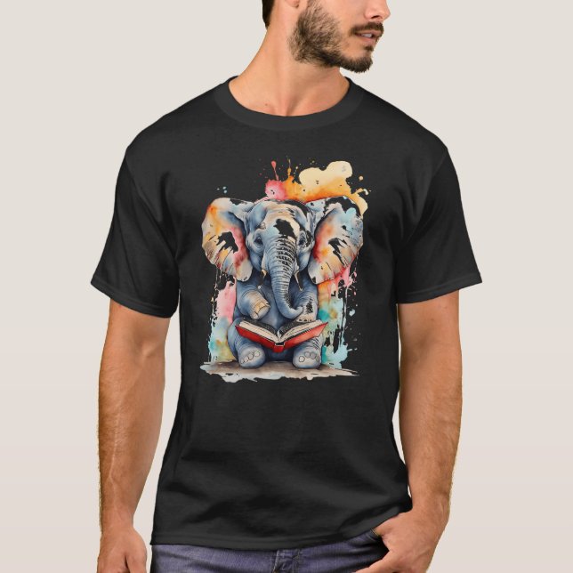 Elephant Reading Book Funny Animal Art Print Graph T-Shirt (Front)