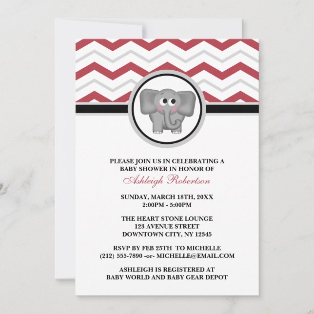 Elephant Red Gray Chevron Baby Shower Invitations (Front)