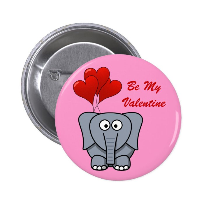 Elephant Red Heart Balloons Be My Valentine Pink Pinback Button