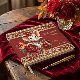 Elephant Red Peony Floral Indian Guest Book