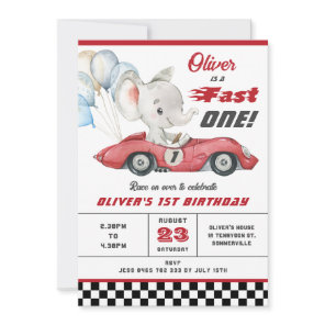 Elephant Red Race Car Fast One 1st First Birthday Invitation