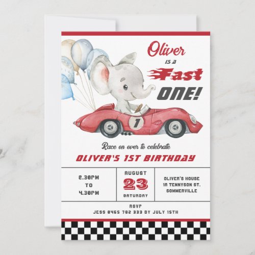 Elephant Red Race Car Fast One 1st First Birthday  Invitation