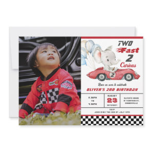 Elephant Red Race Car Two Fast 2nd Birthday Invitation