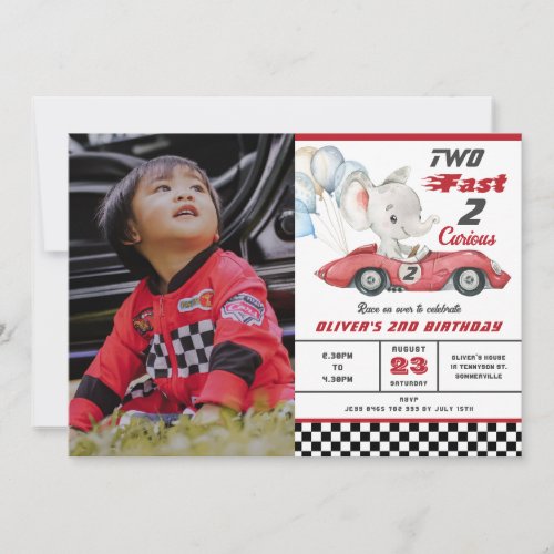 Elephant Red Race Car Two Fast 2nd Birthday Invitation