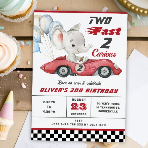 Elephant Red Race Car Two Fast 2nd Birthday Invitation