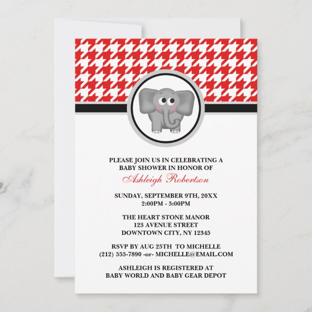 Elephant Red & White Houndstooth Baby Shower Invitation (Front)