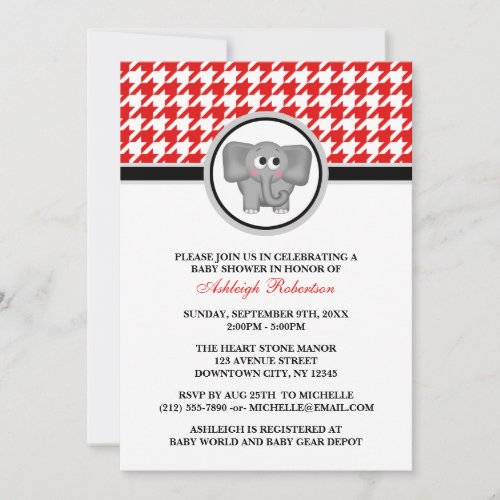 Elephant Red &amp; White Houndstooth Baby Shower Personalized Invite