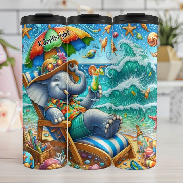 Elephant Relaxing on a Beach Vacation Thermal Tumbler (Creator Uploaded)