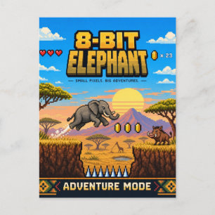 Elephant, Retro 8-Bit Pixel Art Postcard