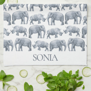Elephant Rhino Watercolor pattern Kitchen Towel