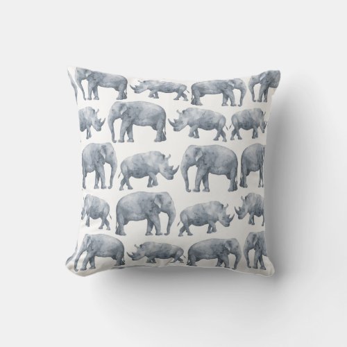 Elephant Rhino Watercolor pattern Throw Pillow