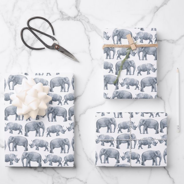 Elephant Rhino Watercolor pattern Wrapping Paper Sheets (Front)