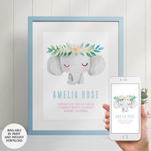 Elephant Safari Animal Birth Stats Nursery Art Poster