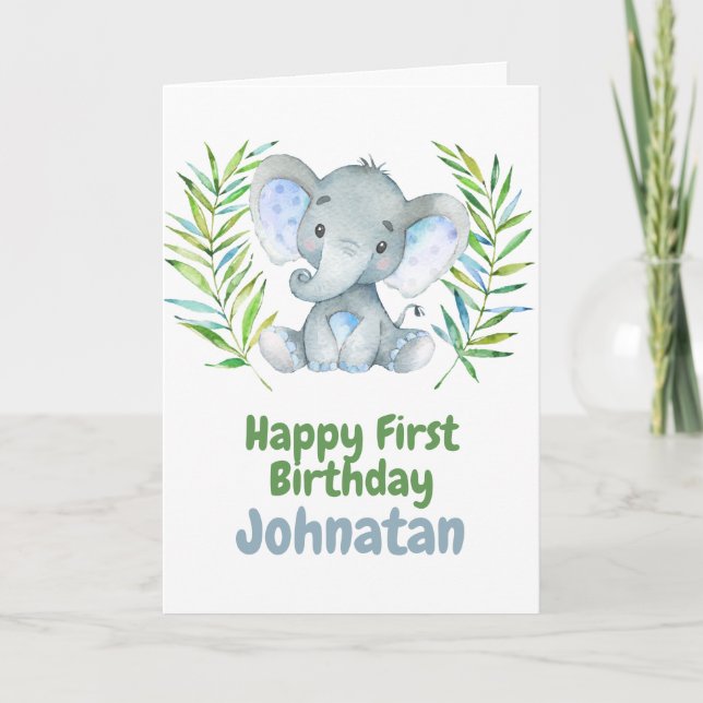 Elephant Safari Baby Happy 1st Birthday Card (Front)