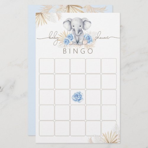 Elephant Safari Baby Shower Boy Bingo Game