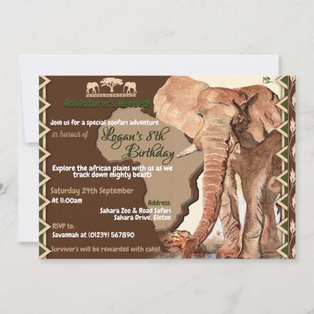 Elephant Safari Birthday Invitations (Front)