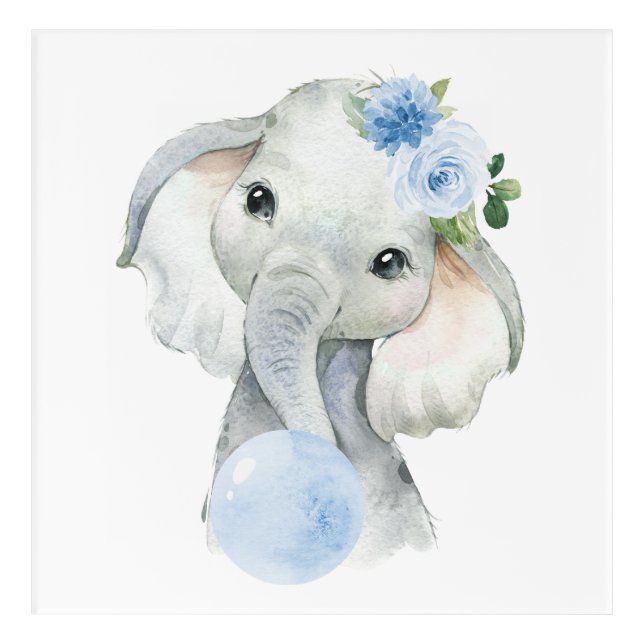 Elephant, Safari, Blue Bubble Gum, Boy Nursery Acrylic Print (Front)