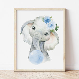 Elephant, Safari, Blue Bubble Gum, Boy Nursery Photo Print