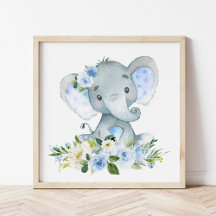 Elephant, Safari, Blue Flowers, Boy Nursery