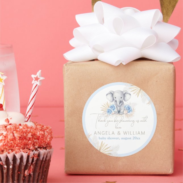 Elephant Safari Boho Blue Thanks Baby Shower Classic Round Sticker (Party)