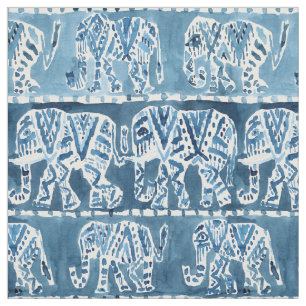 ELEPHANT SAFARI Boho Tribal Indigo Watercolor Fabric