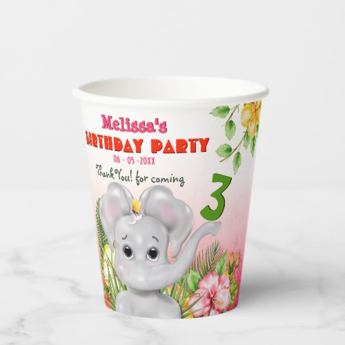 Elephant Safari Floral Girl Birthday Paper Cups