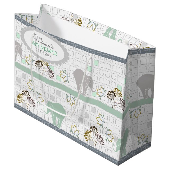 Elephant Safari Green | Baby Shower Large Gift Bag (Front Angled)