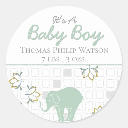 Elephant Safari Green Neutral  Birth Announcement Classic Round Sticker