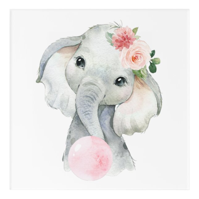 Elephant, Safari, Pink Bubble Gum, Girl Nursery Acrylic Print (Front)