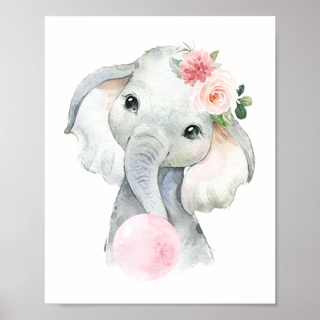 Elephant, Safari, Pink Bubble Gum, Girl Nursery Poster Zazzle