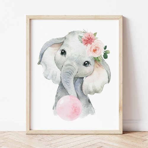 Elephant Safari Pink Bubble Gum Girl Nursery Poster