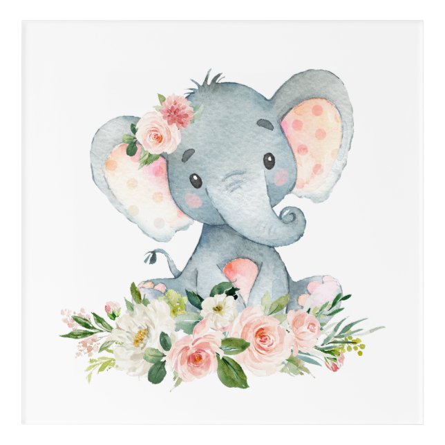 Elephant, Safari, Pink Flowers, Girl Nursery Acrylic Print (Front)