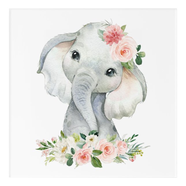 Elephant, Safari, Pink Flowers, Girl Nursery Acrylic Print (Front)