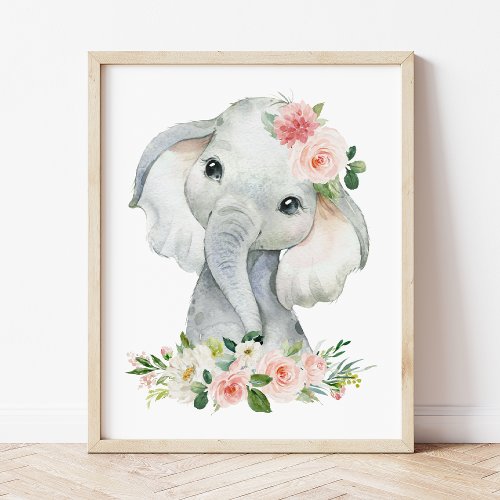 Elephant Safari Pink Flowers Girl Nursery Photo Print