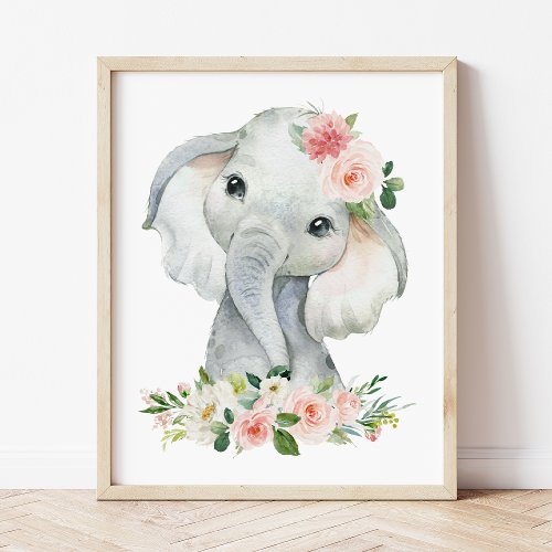 Elephant Safari Pink Flowers Girl Nursery Poster