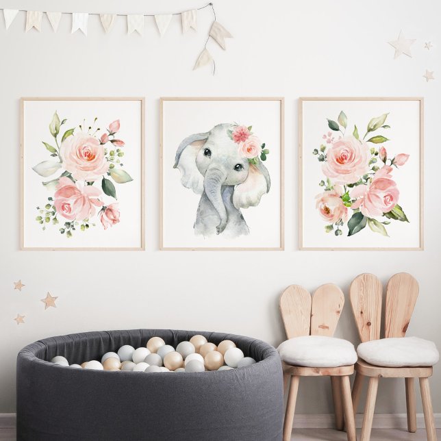 Elephant, Safari, Pink Flowers, Girl Nursery Wall Art Sets (Creator Uploaded)