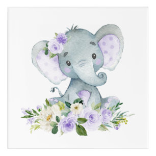 Elephant, Safari, Purple Flowers, Gender Neutral Acrylic Print