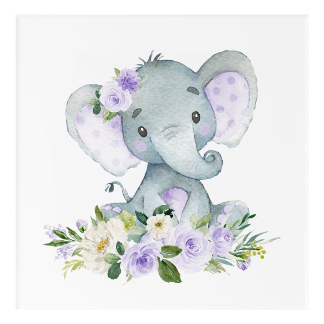 Elephant, Safari, Purple Flowers, Gender Neutral Acrylic Print (Front)