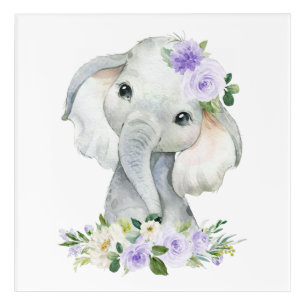 Elephant, Safari, Purple Flowers, Gender Neutral Acrylic Print