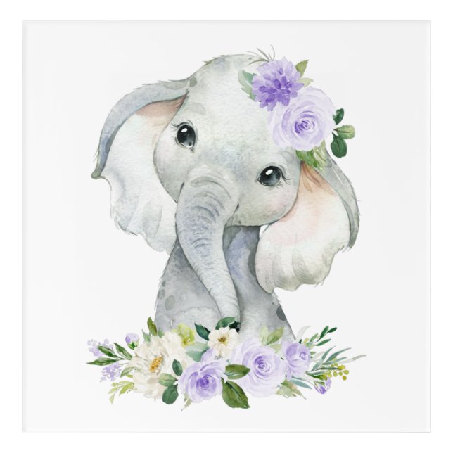 Elephant, Safari, Purple Flowers, Gender Neutral Acrylic Print (Front)